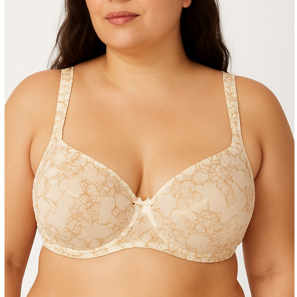 Cacique Ivory Lace Embroidered‎ Balconette Bra Underwire Bow Size 46D